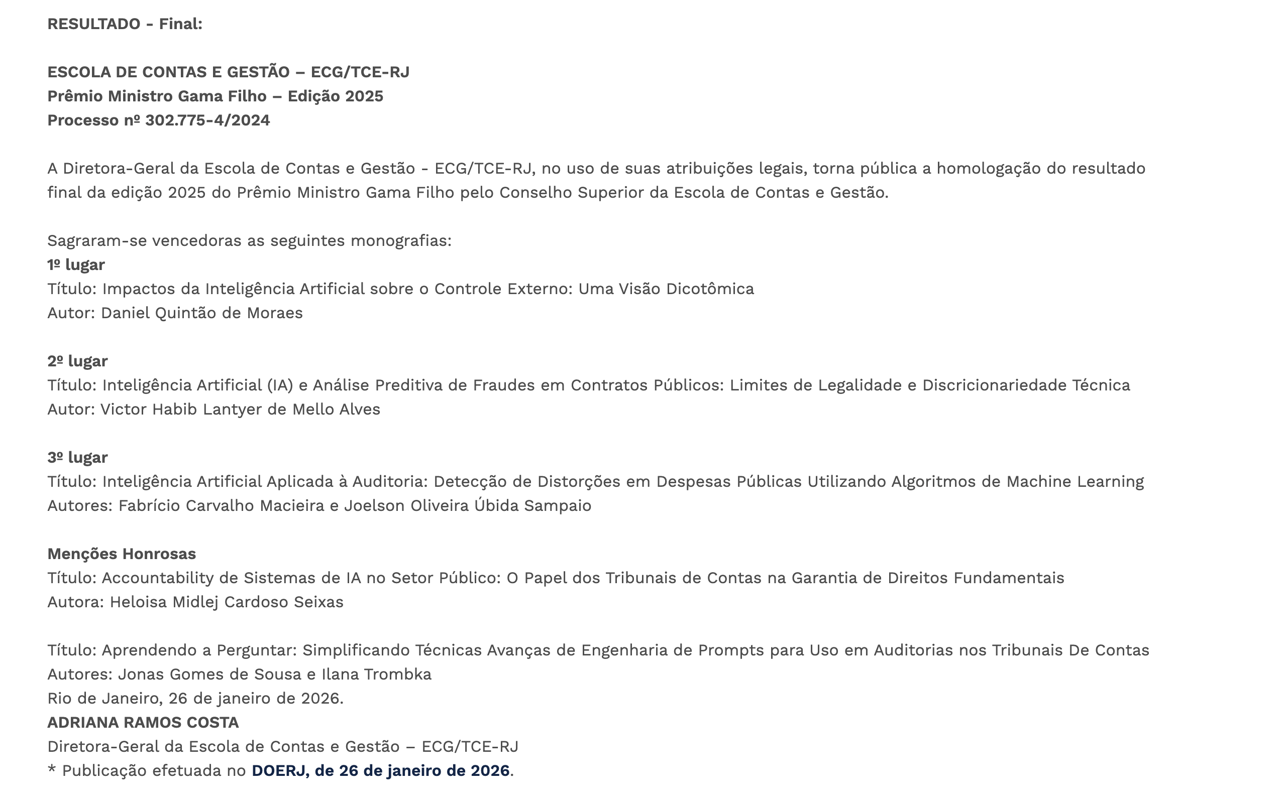 Victor Habib Lantyer conquista 2º lugar no Prêmio Ministro Gama Filho 2025 com estudo sobre IA e fraudes em contratos públicos